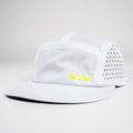 White ADVantage tennis cap with volt yellow logo and perforated side panels.