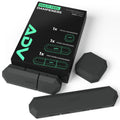 ADV Multi-Feel tennis dampeners in black, three shapes beside their retail box.