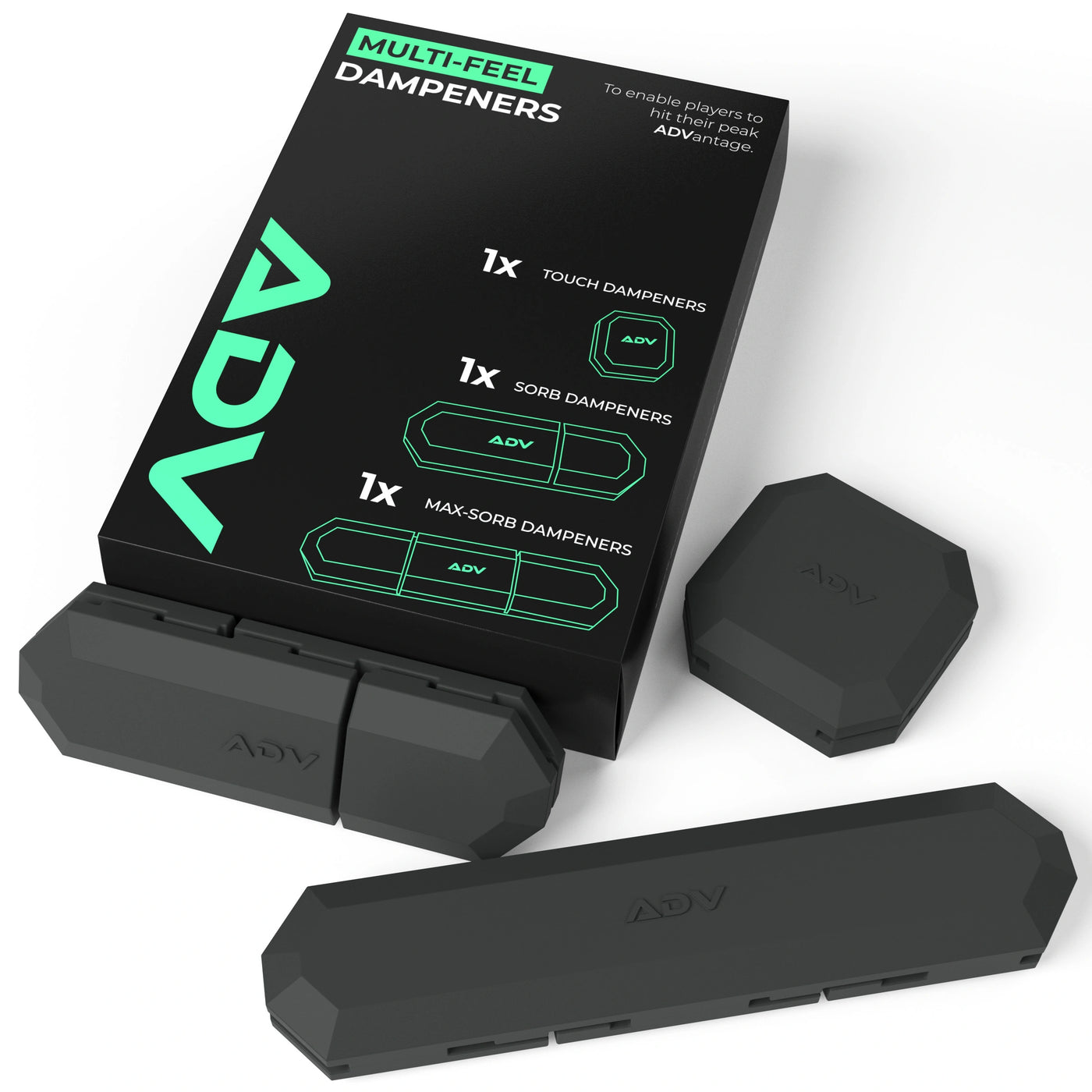 ADV Multi-Feel tennis dampeners in black, three shapes beside their retail box.