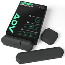 ADV Multi-Feel tennis dampeners in black, three shapes beside their retail box.