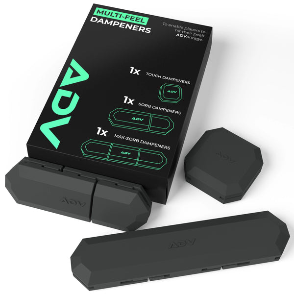 ADV Multi-Feel tennis dampeners in black, three shapes beside their retail box.