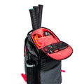 Gray and red tennis bag with compartments for 3 racquets, bright red interior, and a side water bottle holder.