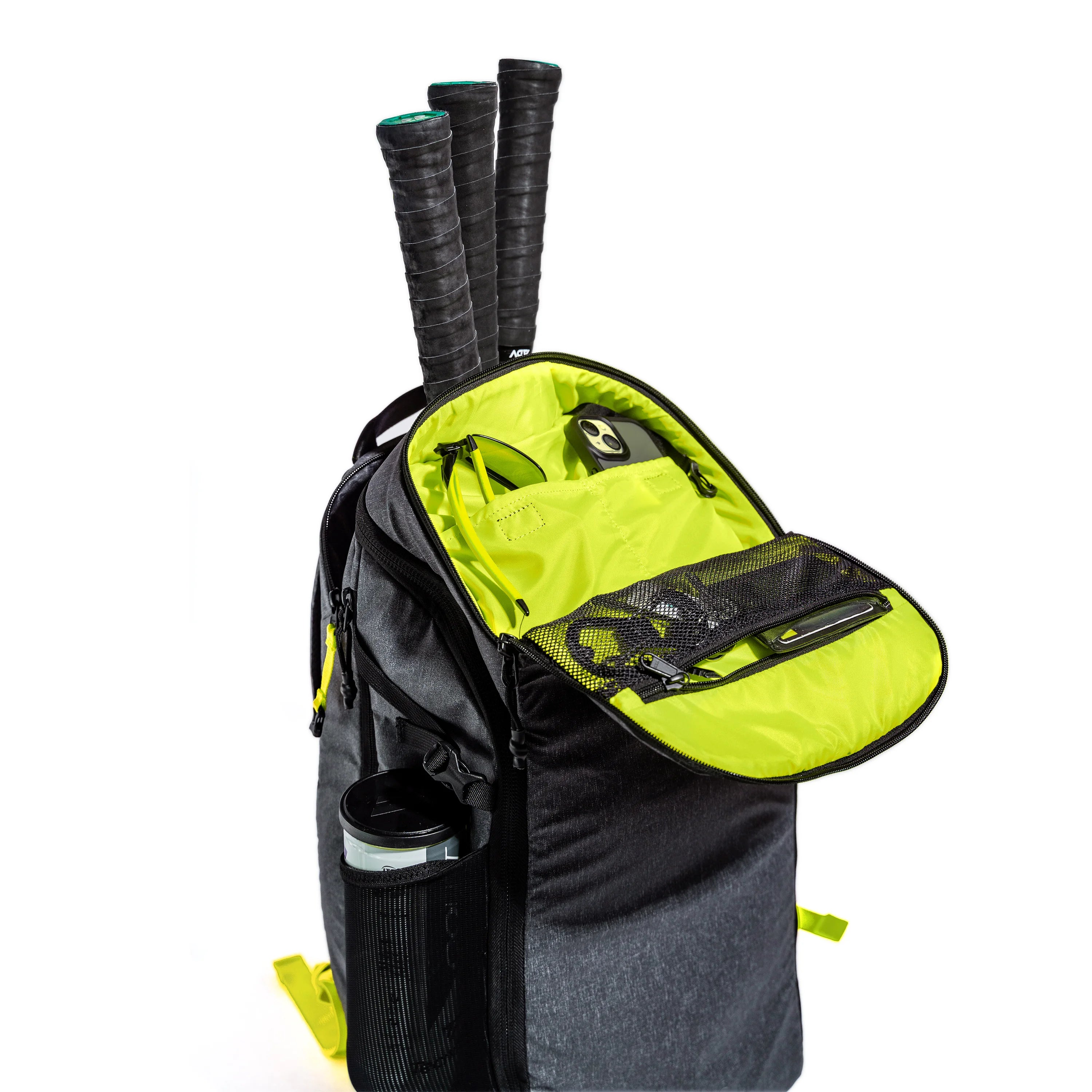 Gray and green tennis bag with compartments for 3 racquets, bright green interior, and side water bottle holder.