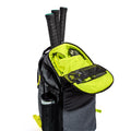 Gray and green tennis bag with compartments for 3 racquets, bright green interior, and side water bottle holder.
