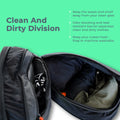 ADV packing cube open showing clean and dirty division with odor-blocking, machine-washable clothing compartments.