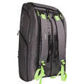 Tennis racket backpack with padded straps and neon green accents, designed for comfort and gear organization.