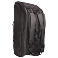 Tennis tournament backpack in matte black with structured padding, dual straps, and multiple zippered compartments, designed for carrying rackets, apparel, and gear in a sleek, travel-ready profile.