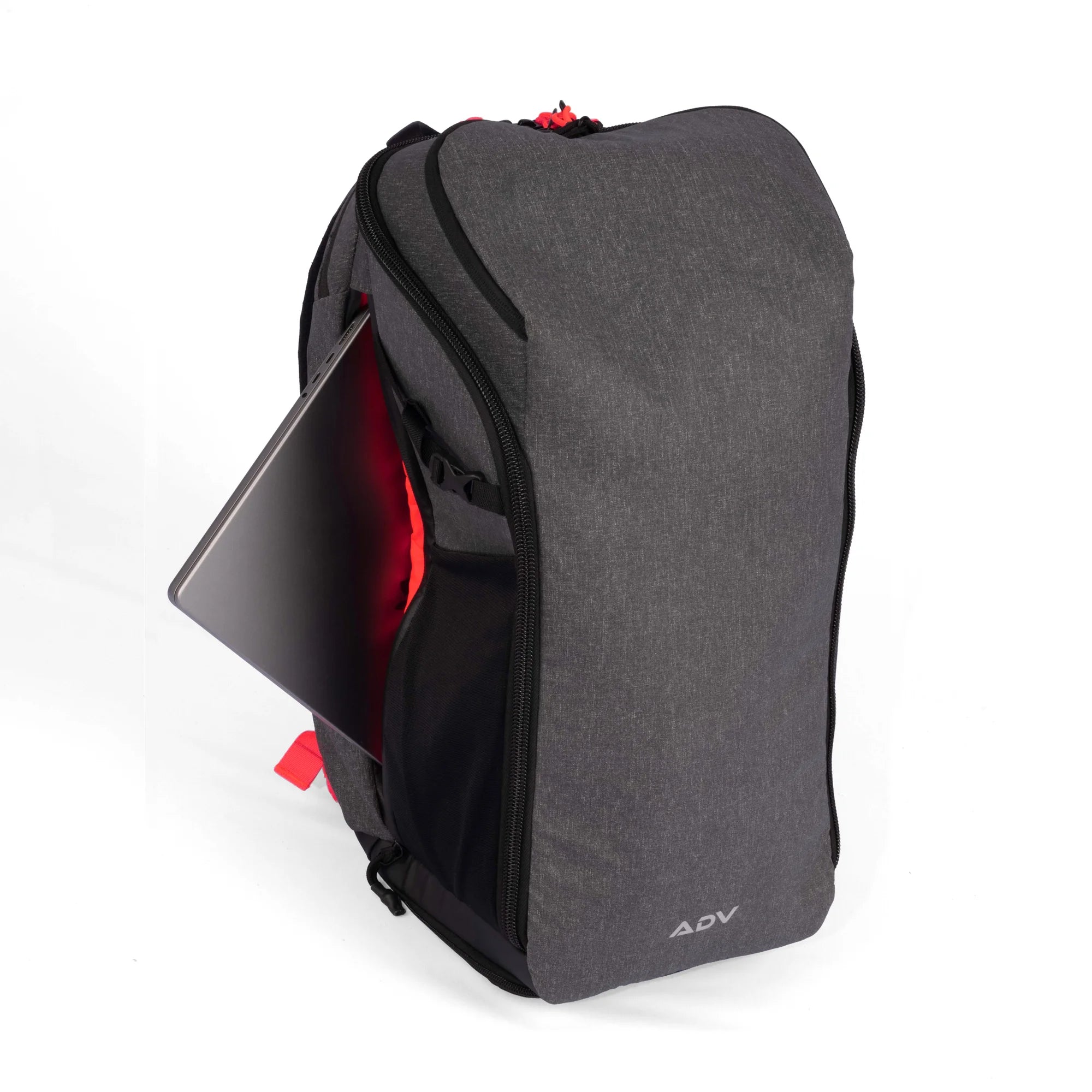 Gray tennis bag with a dedicated laptop compartment, featuring bright red interior accents and a sleek, modern design.