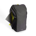 Gray tennis bag with a laptop compartment, featuring bright green interior accents and a modern, sleek design.