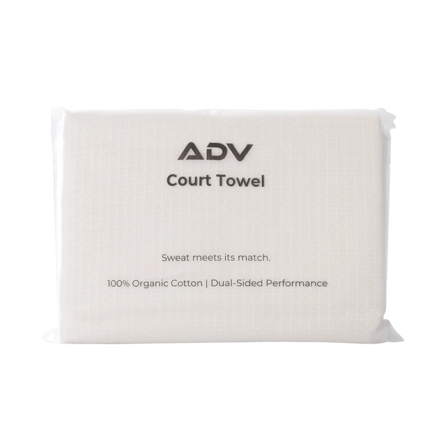 ADV Court Towel packaging featuring the 100% organic cotton dual-sided performance tennis towel.