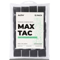 MaxTac black tennis overgrips 12-pack in ADV packaging, ultra-tacky and moisture-wicking.