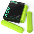 Neon green ADV Max-Sorb tennis dampeners, 3-pack, beside black retail box.