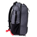 Pickleball bag with a side pocket for easy storage and a sleek gray design with red accents.
