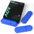 Blue ADV Sorb tennis racket dampeners beside black 3-pack retail box.