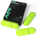 Neon green ADV Sorb tennis vibration dampeners beside black 3-pack retail box.