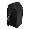 Black pickleball bag with a laptop compartment, featuring a sleek design and multiple zippered pockets for organized storage.