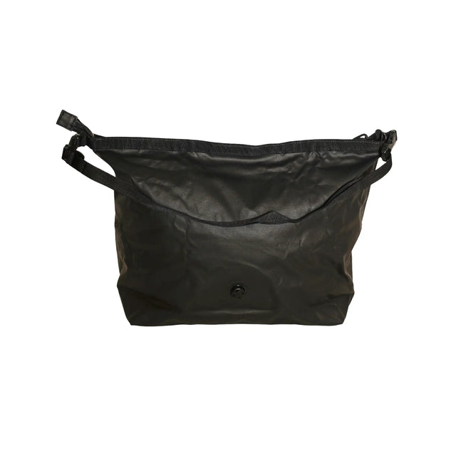ADV all-black accessory pouch shown open from above with snap button closure and carry strap.