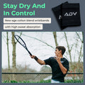 Black ADV tennis wristbands shown on a player mid-forehand swing on court.