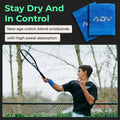 Blue ADV tennis wristbands shown beside a player mid-forehand, promising high sweat absorption.