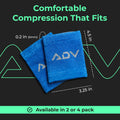 Blue ADV compression tennis wristbands, 5mm thick, 4.5 by 3.25 inches, sold in 2 or 4 packs.