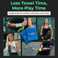 Blue ADV tennis wristbands worn by players on court: less towel time, more play time.