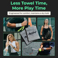 Grey ADV tennis wristbands worn by players, with text: Less Towel Time, More Play Time.
