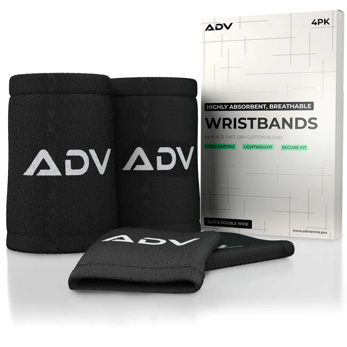Black ADV tennis wristbands in slim and double-wide sizes beside their 4-pack box.