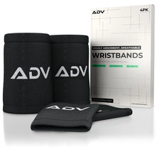 Black ADV tennis wristbands in slim and double-wide sizes beside their 4-pack box.
