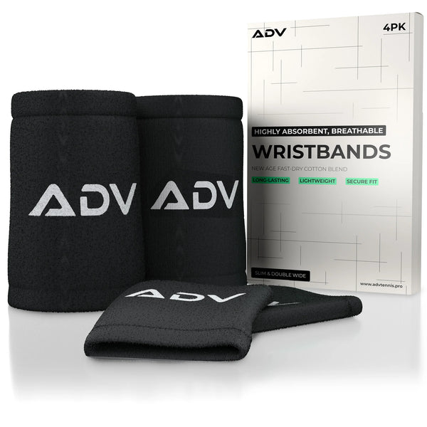 Black ADV tennis wristbands in slim and double-wide sizes beside their 4-pack box.