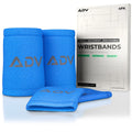 Blue ADV tennis wristbands, 4-pack with slim and double-wide sweatbands beside retail box.