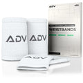 White ADV tennis wristbands in slim and double-wide sizes beside their 4-pack box.