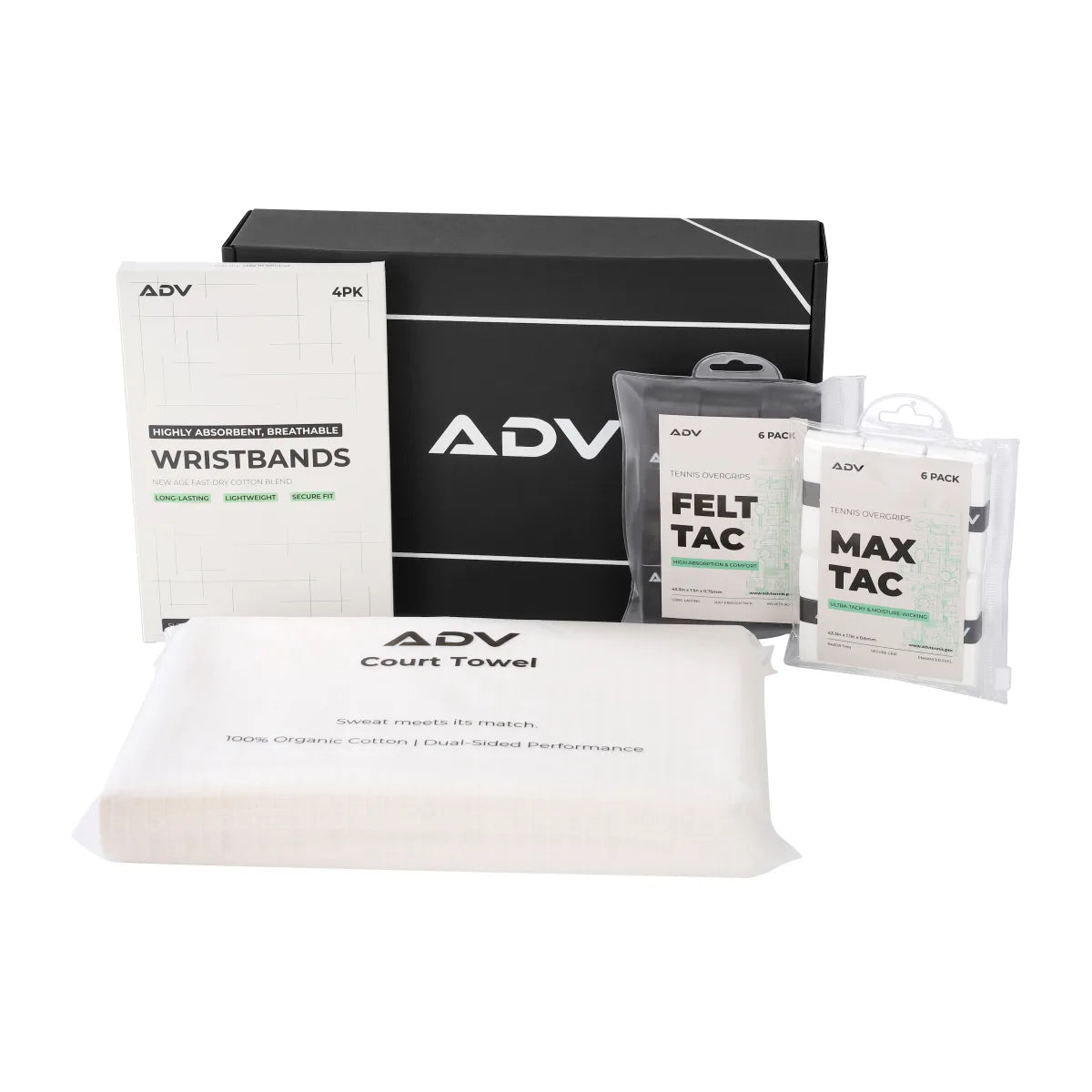 ADV tennis accessories kit: wristbands, overgrips, and court towel beside a black gift box.