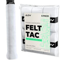 White FeltTac tennis overgrip wrapped on a handle beside a 6-pack package.