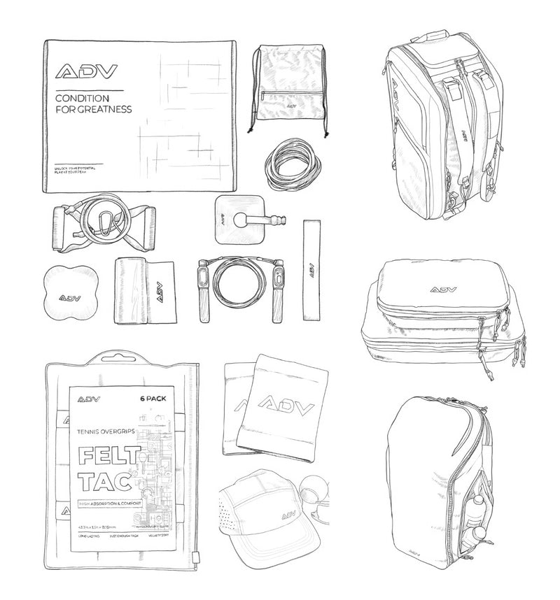 Sketch of various ADV branded travel and sports gear items.